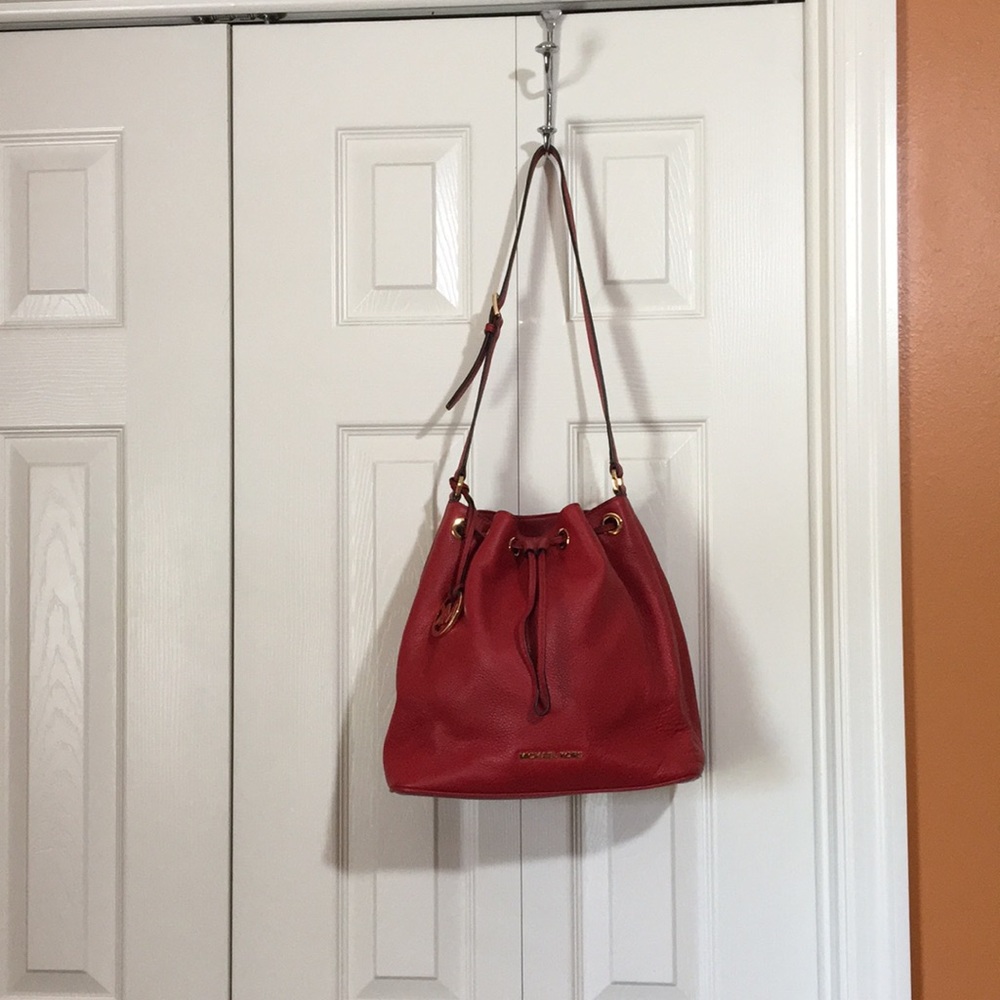 Michael Kors Red Leather Drawstring Shoulder Bag